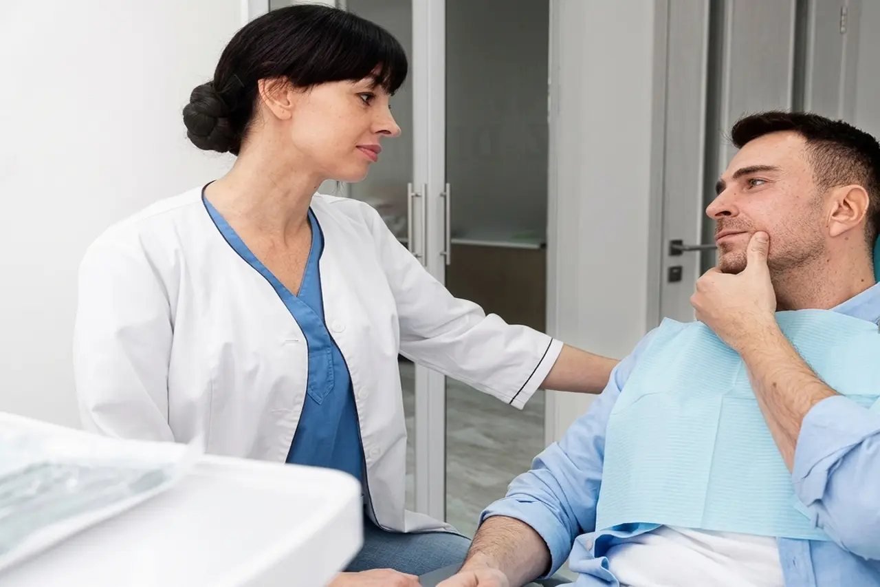 Teeth grinding and jaw discomfort consultation Patient pointing to jaw discomfort while discussing teeth grinding and airway issues with a dentist